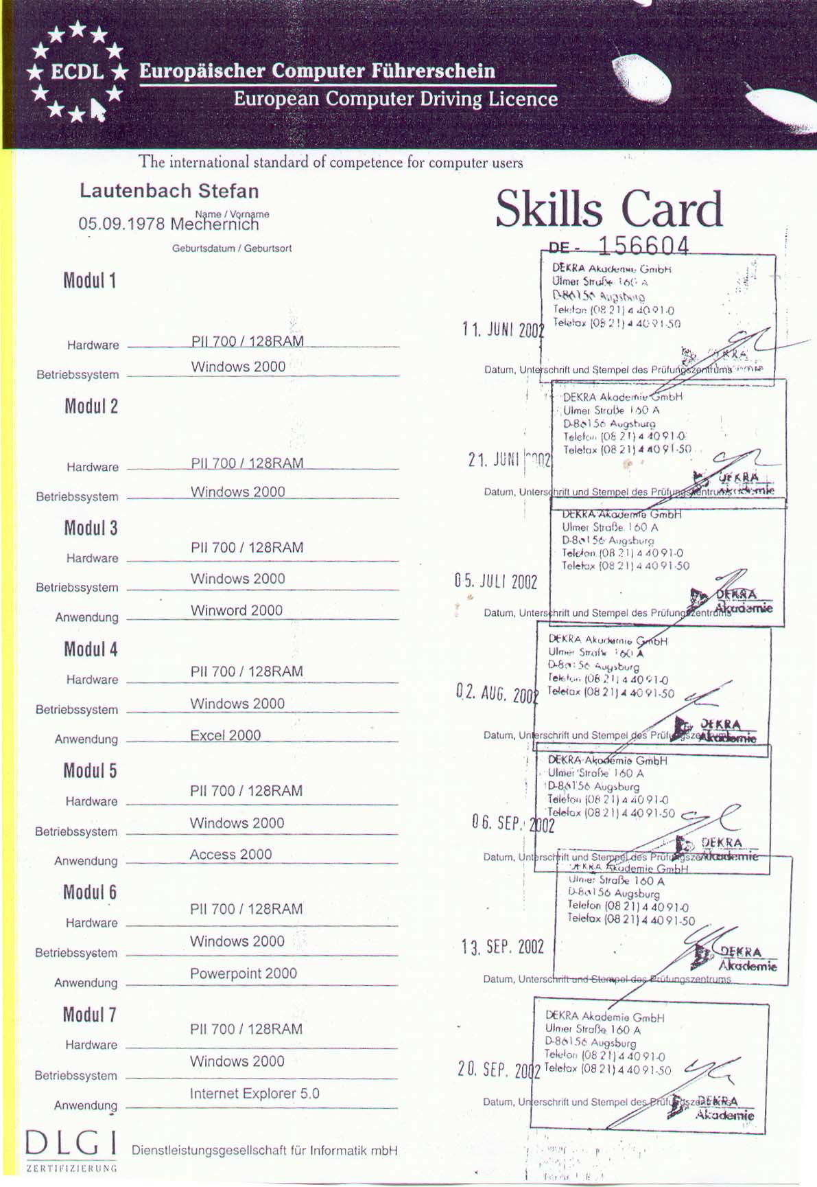 Ecdl Skills Card